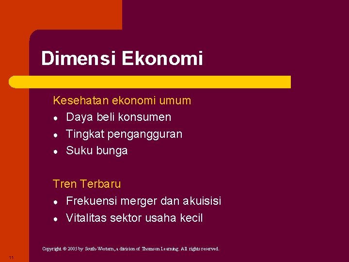 Dimensi Ekonomi Kesehatan ekonomi umum ● Daya beli konsumen ● Tingkat pengangguran ● Suku