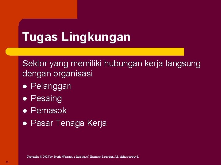 Tugas Lingkungan Sektor yang memiliki hubungan kerja langsung dengan organisasi l Pelanggan l Pesaing