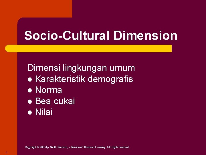 Socio-Cultural Dimension Dimensi lingkungan umum l Karakteristik demografis l Norma l Bea cukai l