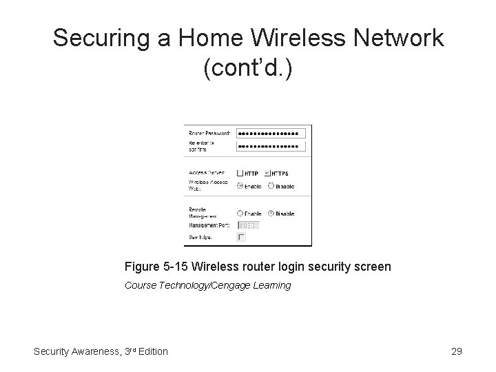 Securing a Home Wireless Network (cont’d. ) Figure 5 -15 Wireless router login security
