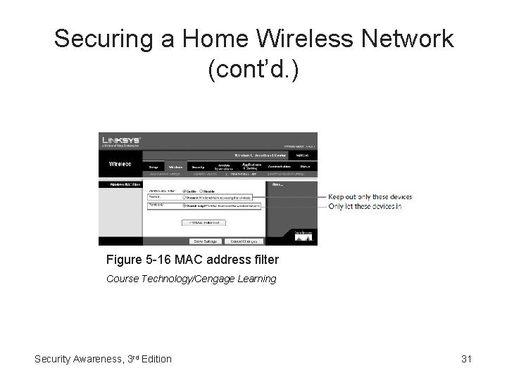Securing a Home Wireless Network (cont’d. ) Figure 5 -16 MAC address filter Course