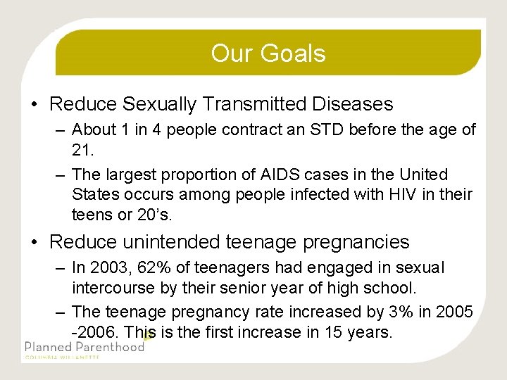 Our Goals • Reduce Sexually Transmitted Diseases – About 1 in 4 people contract