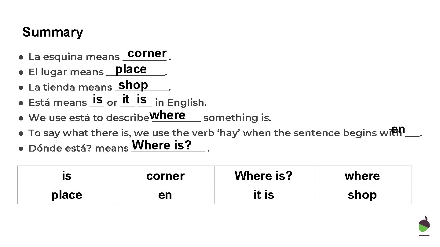 Summary corner. ● La esquina means _____ place ● El lugar means ______. shop