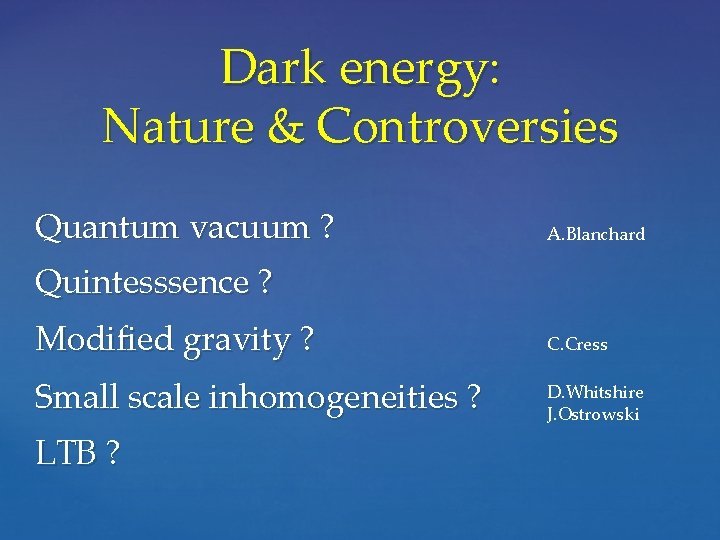 Dark energy: Nature & Controversies Quantum vacuum ? A. Blanchard Quintesssence ? Modified gravity