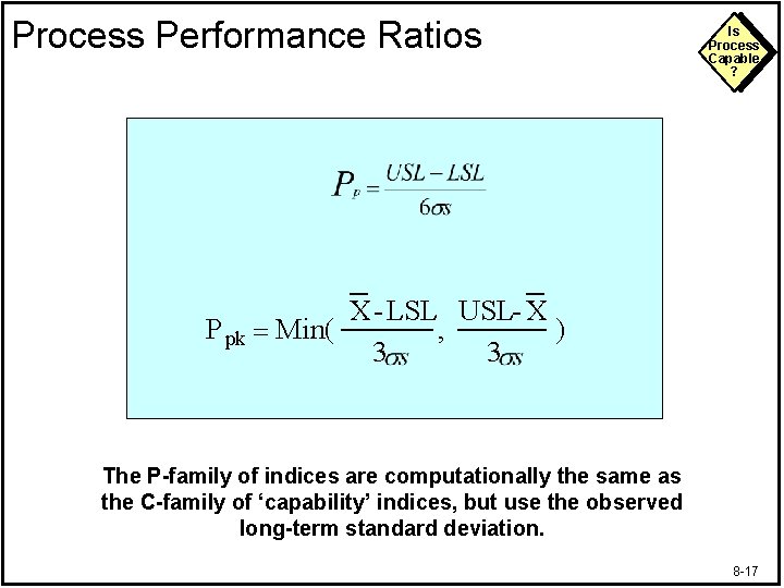 Process Performance Ratios Is Process Capable ? X- LSL USL- X P pk Min(