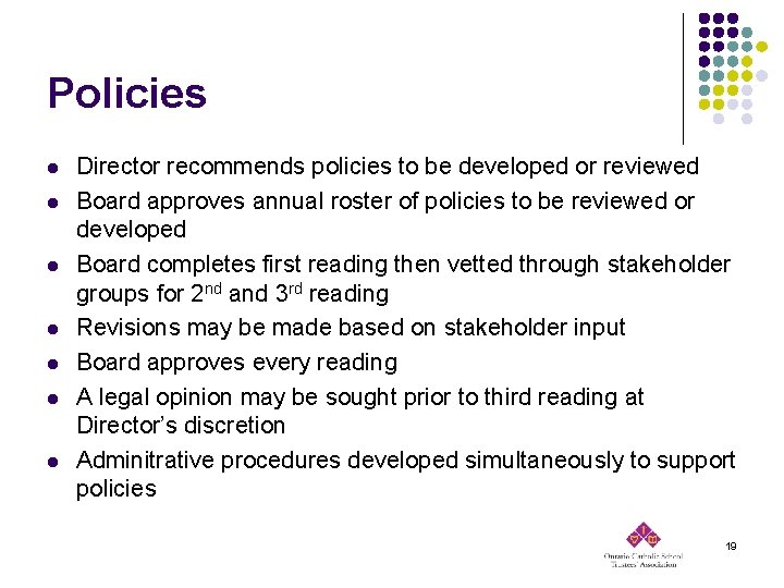 Policies l l l l Director recommends policies to be developed or reviewed Board