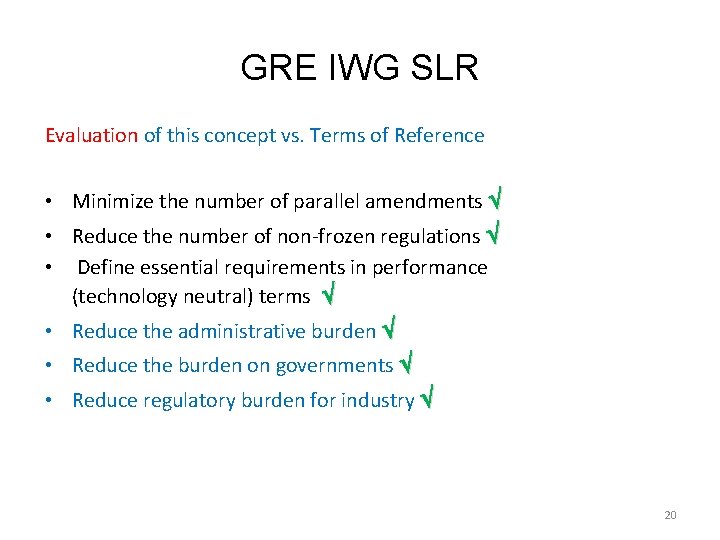 GRE IWG SLR Evaluation of this concept vs. Terms of Reference • Minimize the
