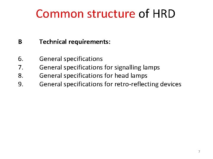 Common structure of HRD B Technical requirements: 6. 7. 8. 9. General specifications for