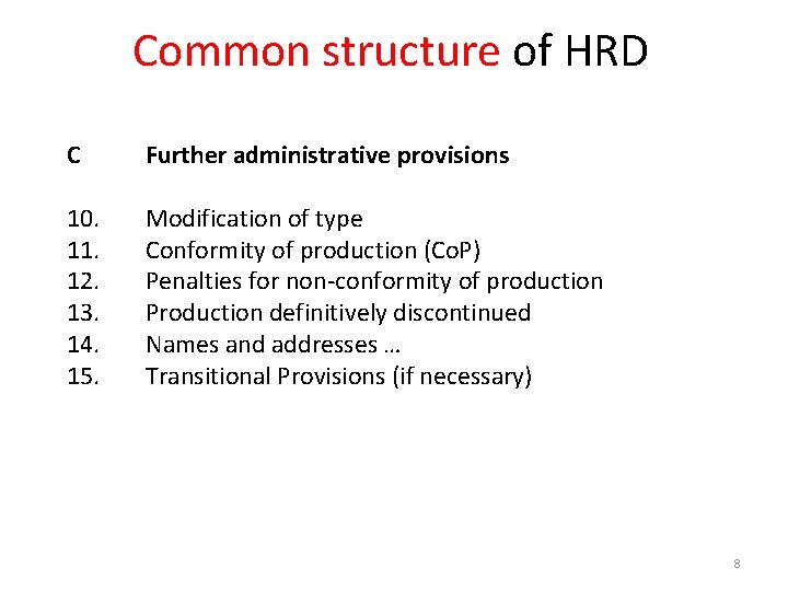 Common structure of HRD C Further administrative provisions 10. 11. 12. 13. 14. 15.