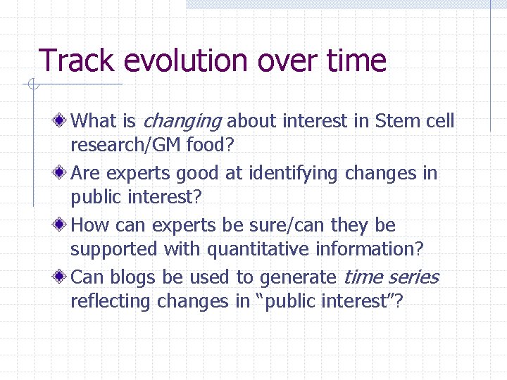Track evolution over time What is changing about interest in Stem cell research/GM food?