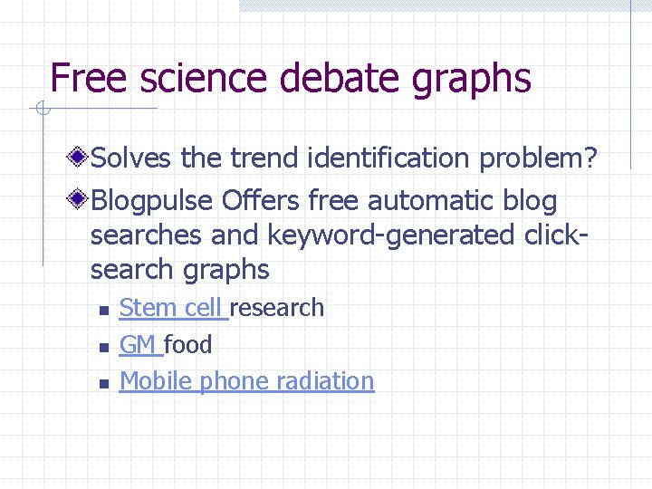 Free science debate graphs Solves the trend identification problem? Blogpulse Offers free automatic blog
