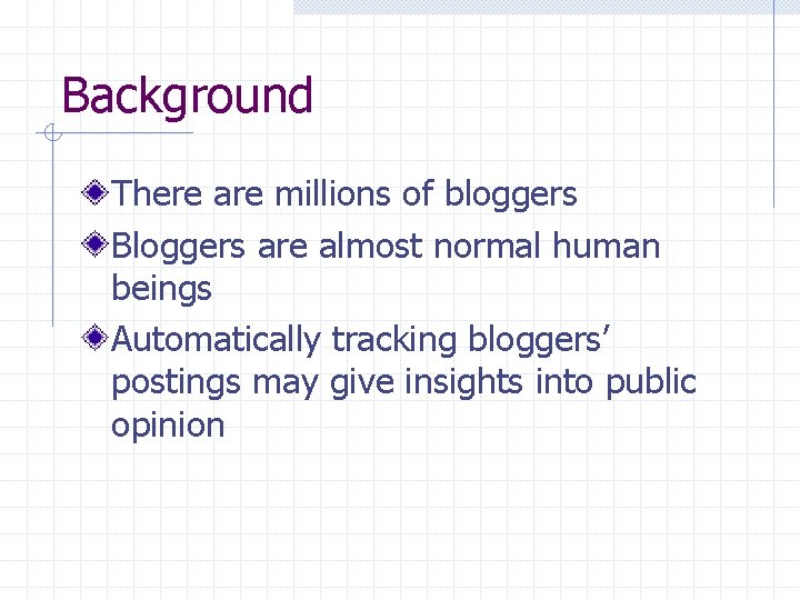 Background There are millions of bloggers Bloggers are almost normal human beings Automatically tracking