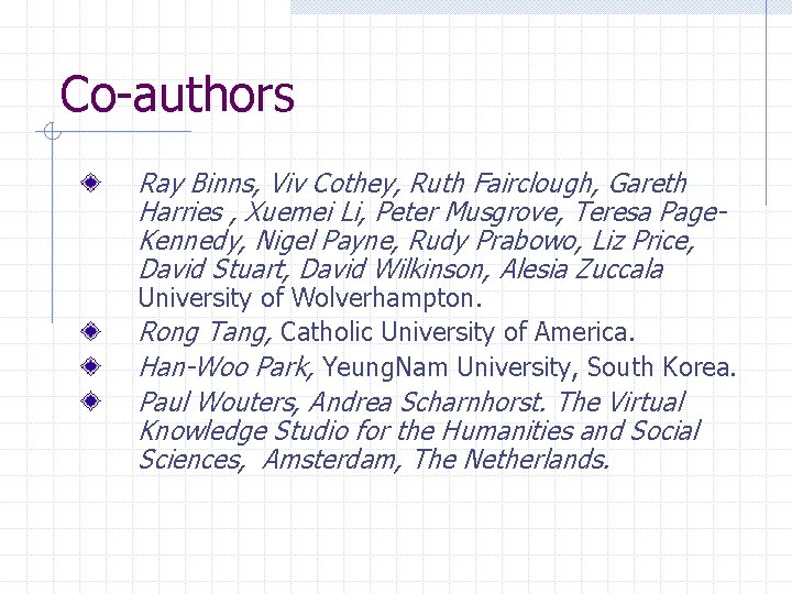 Co-authors Ray Binns, Viv Cothey, Ruth Fairclough, Gareth Harries , Xuemei Li, Peter Musgrove,