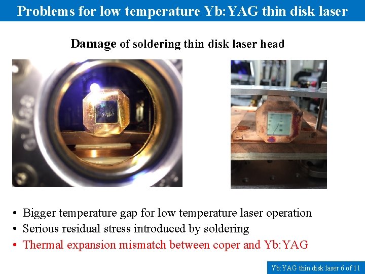 Problems for low temperature Yb: YAG thin disk laser Damage of soldering thin disk
