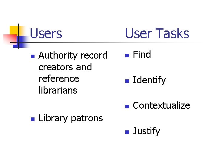 Users n n Authority record creators and reference librarians User Tasks n Find n