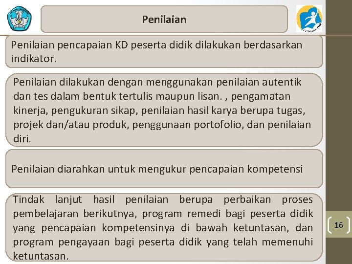 Penilaian pencapaian KD peserta didik dilakukan berdasarkan indikator. Penilaian dilakukan dengan menggunakan penilaian autentik