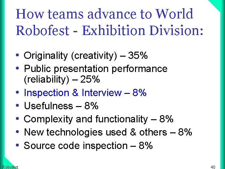 How teams advance to World Robofest - Exhibition Division: • Originality (creativity) – 35%