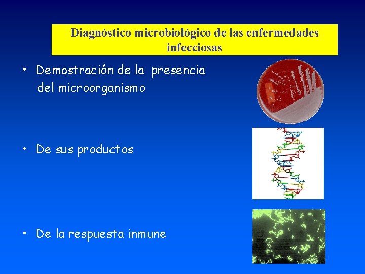 Diagnóstico microbiológico de las enfermedades infecciosas • Demostración de la presencia del microorganismo •