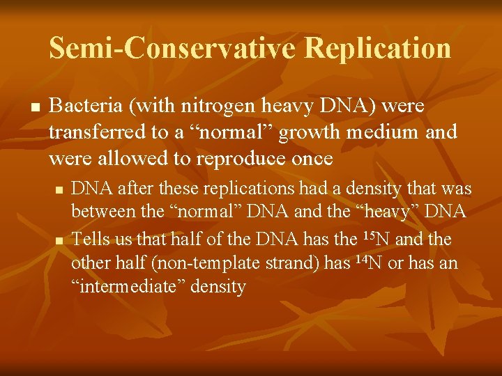 Semi-Conservative Replication n Bacteria (with nitrogen heavy DNA) were transferred to a “normal” growth
