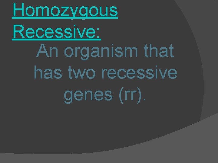 Homozygous Recessive: An organism that has two recessive genes (rr). 