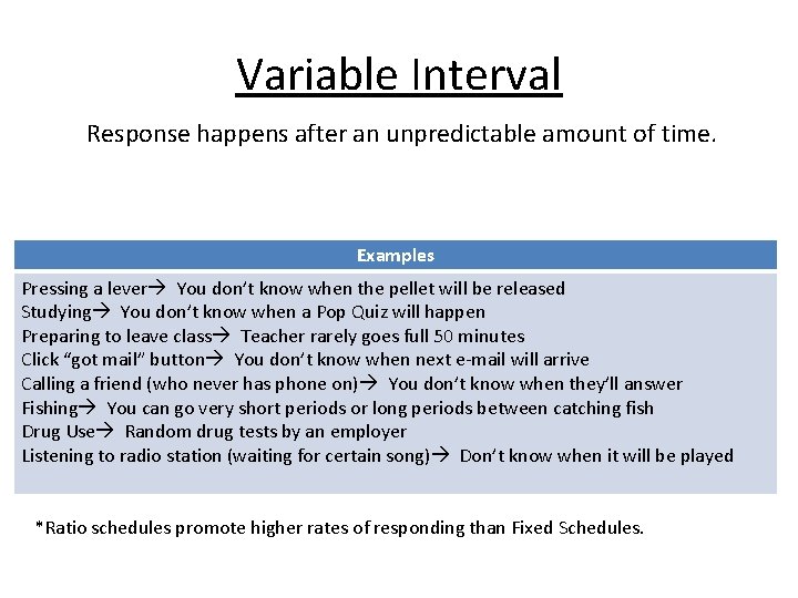 Variable Interval Response happens after an unpredictable amount of time. Examples Pressing a lever