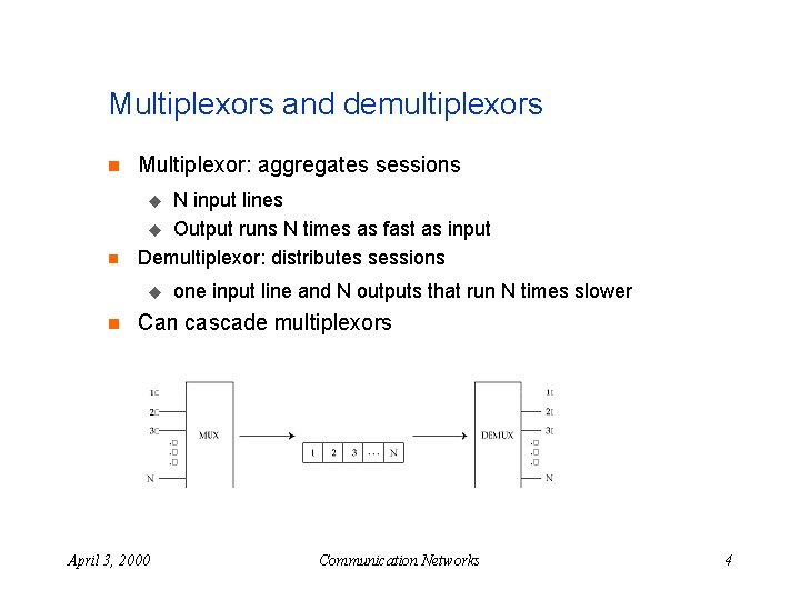 Multiplexors and demultiplexors n Multiplexor: aggregates sessions n N input lines u Output runs