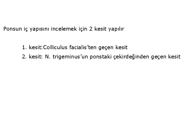 Ponsun iç yapısını incelemek için 2 kesit yapılır 1. kesit: Colliculus facialis’ten geçen kesit