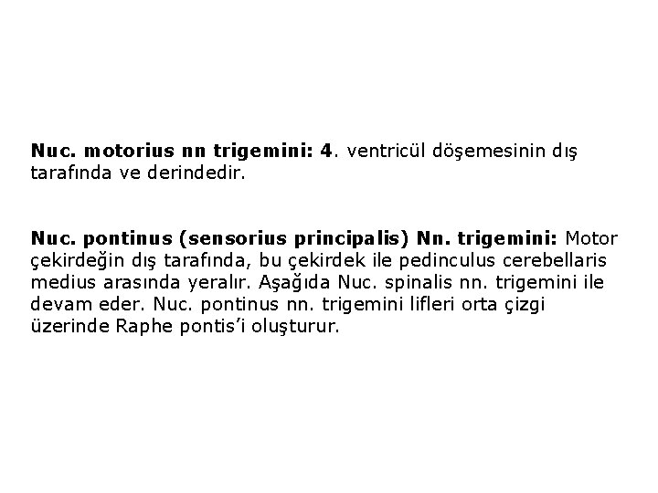 Nuc. motorius nn trigemini: 4. ventricül döşemesinin dış tarafında ve derindedir. Nuc. pontinus (sensorius