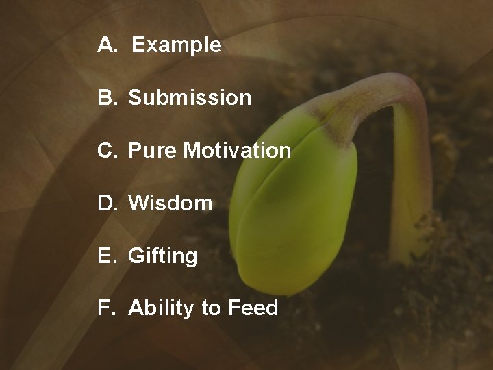 A. Example B. Submission C. Pure Motivation D. Wisdom E. Gifting F. Ability to