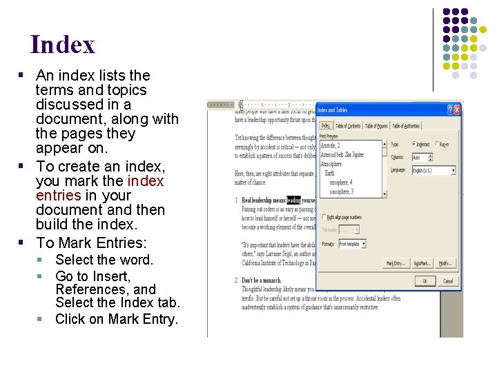 Index § An index lists the terms and topics discussed in a document, along