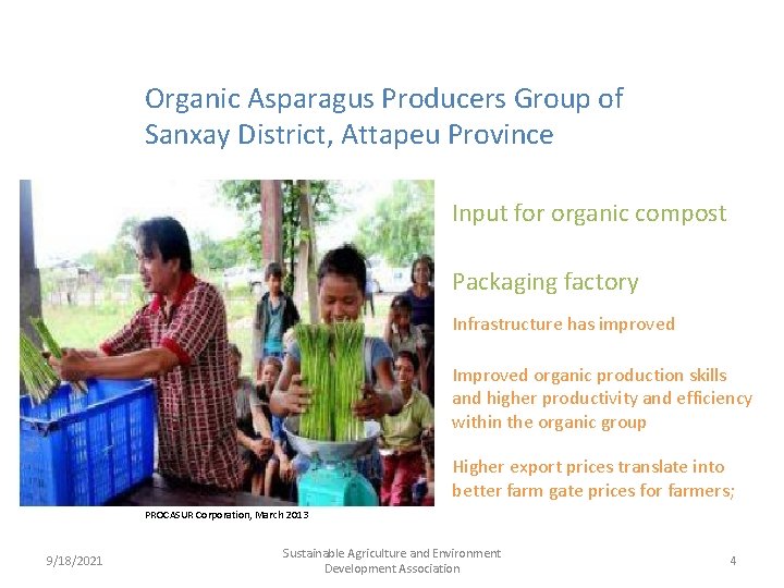 Organic Asparagus Producers Group of Sanxay District, Attapeu Province Input for organic compost Packaging