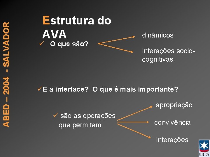 ABED – 2004 - SALVADOR Estrutura do AVA ü O que são? dinâmicos interações