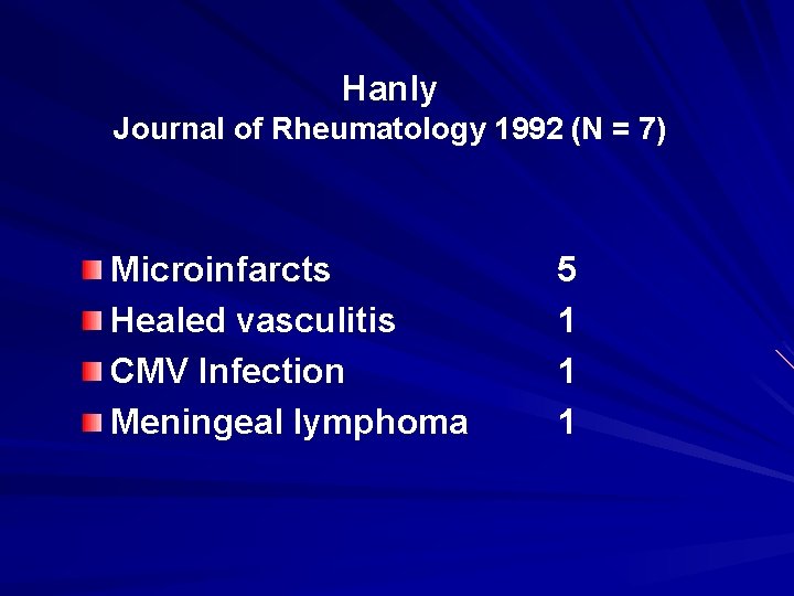 Hanly Journal of Rheumatology 1992 (N = 7) Microinfarcts Healed vasculitis CMV Infection Meningeal
