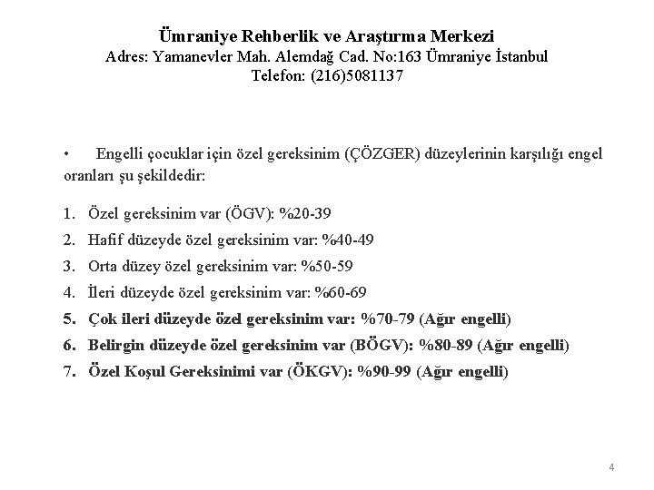 Ümraniye Rehberlik ve Araştırma Merkezi Adres: Yamanevler Mah. Alemdağ Cad. No: 163 Ümraniye İstanbul