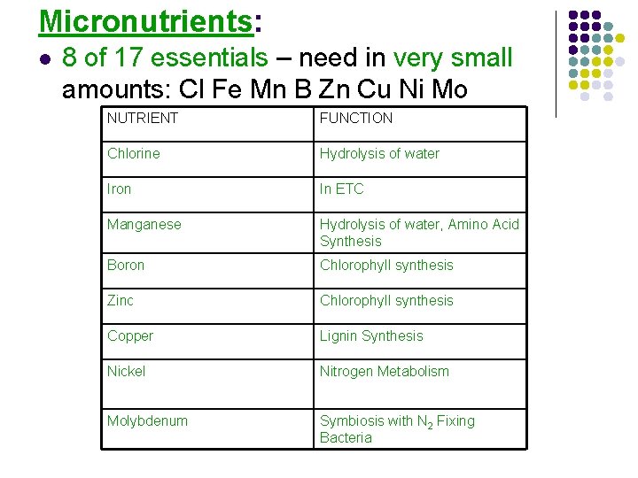 Micronutrients: l 8 of 17 essentials – need in very small amounts: Cl Fe