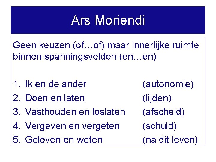 Ars Moriendi Geen keuzen (of…of) maar innerlijke ruimte binnen spanningsvelden (en…en) 1. 2. 3.