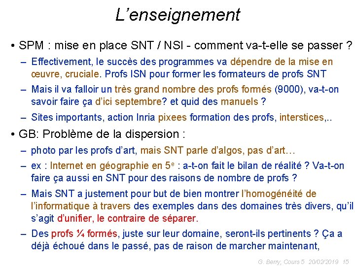 L’enseignement • SPM : mise en place SNT / NSI - comment va-t-elle se