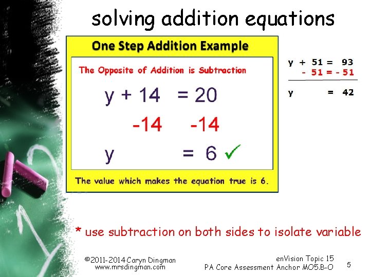 solving addition equations * use subtraction on both sides to isolate variable © 2011 solving addition equations * use subtraction on both sides to isolate variable © 2011