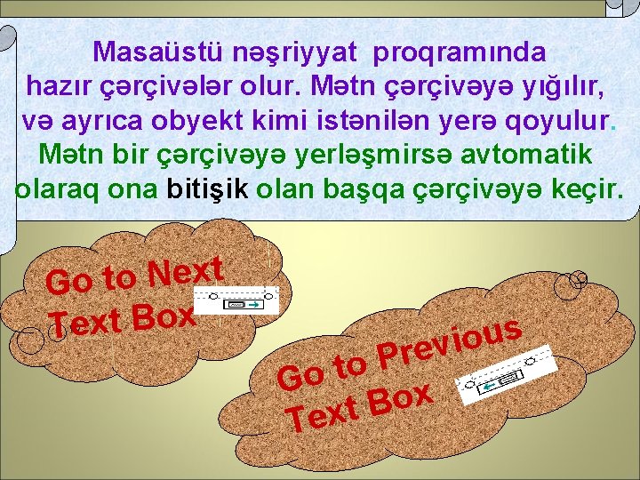Masaüstü nəşriyyat proqramında hazır çərçivələr olur. Mətn çərçivəyə yığılır, və ayrıca obyekt kimi istənilən