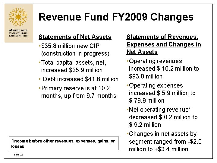 Revenue Fund FY 2009 Changes Statements of Net Assets • $35. 8 million new