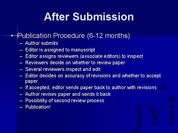 After Submission • Publication Procedure (6 -12 months) – – – – – Author