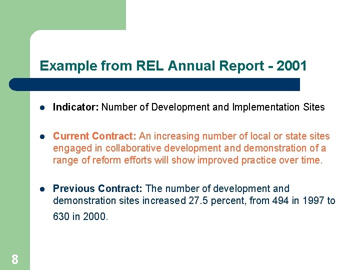 Example from REL Annual Report - 2001 l Indicator: Number of Development and Implementation