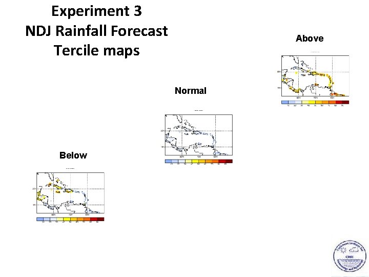 Experiment 3 NDJ Rainfall Forecast Tercile maps Above Normal Below 