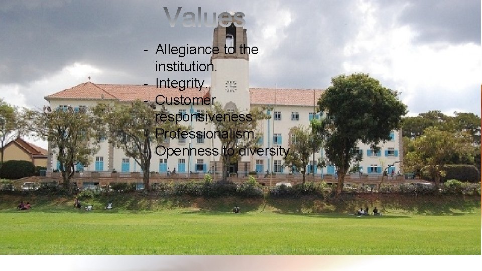 - Allegiance to the institution. - Integrity. - Customer responsiveness. - Professionalism. - Openness