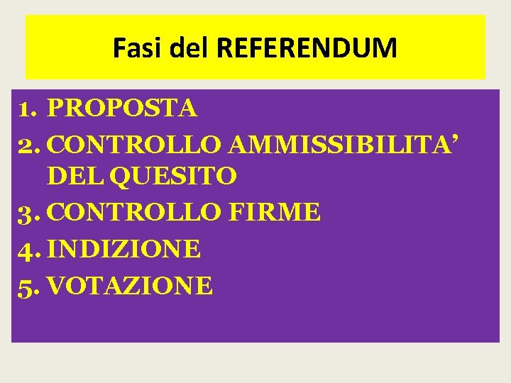 Fasi del REFERENDUM 1. PROPOSTA 2. CONTROLLO AMMISSIBILITA’ DEL QUESITO 3. CONTROLLO FIRME 4.