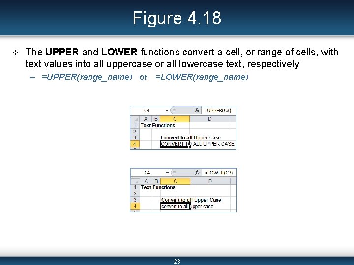 Figure 4. 18 v The UPPER and LOWER functions convert a cell, or range