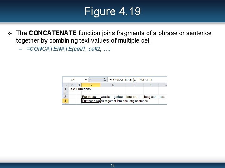 Figure 4. 19 v The CONCATENATE function joins fragments of a phrase or sentence
