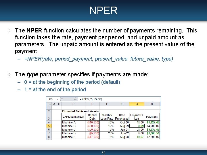 NPER v The NPER function calculates the number of payments remaining. This function takes