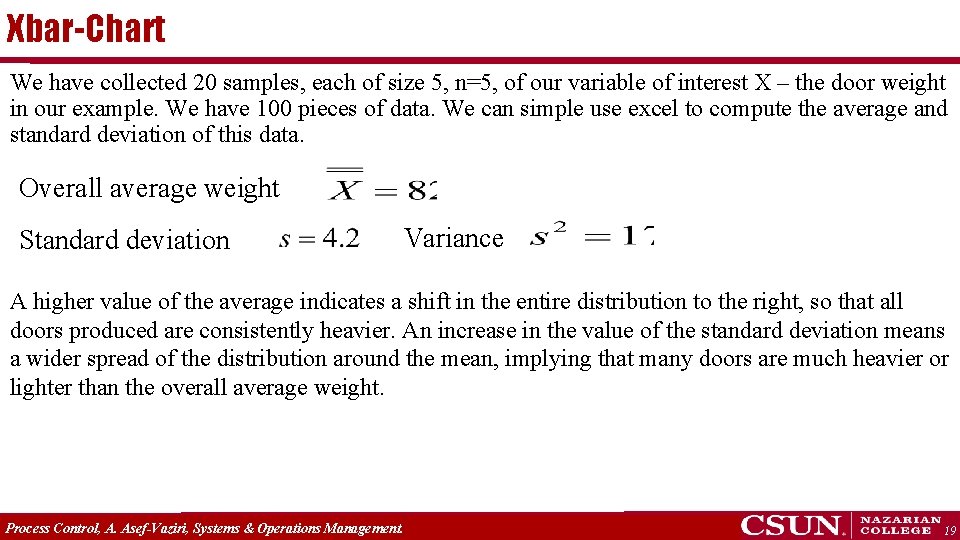 Xbar-Chart We have collected 20 samples, each of size 5, n=5, of our variable