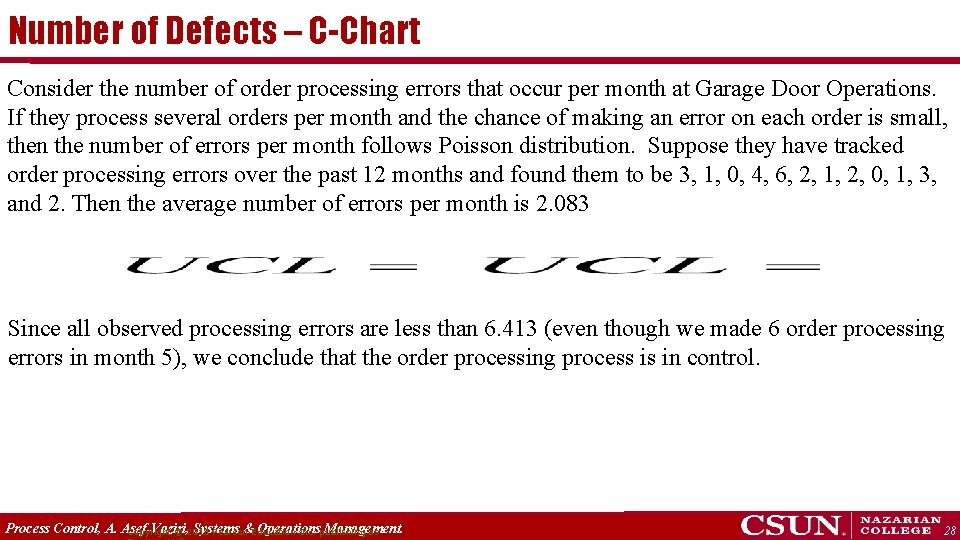 Number of Defects – C-Chart Consider the number of order processing errors that occur